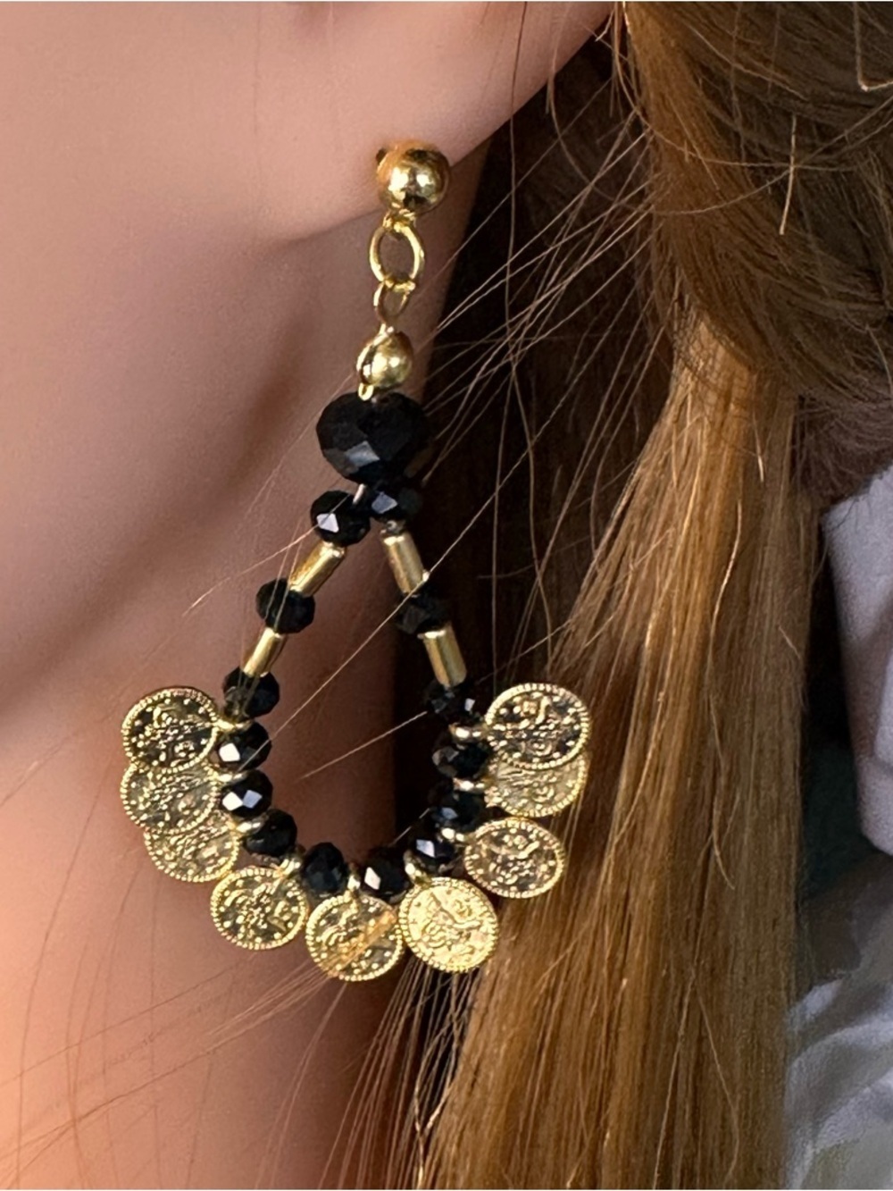Chanour Gold Coin Black Beaded Statement Earrings NWT
